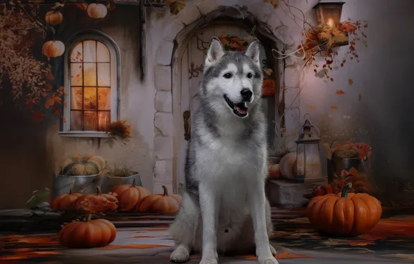 Picture autumn, dog, pumpkin, Husky, Svetlana Pisareva