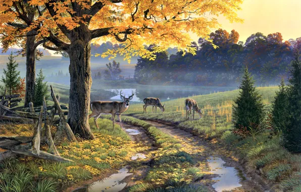 Picture autumn, lake, puddles, painting, deer, Al Agnew, autumn leaves, A Bend in the Road