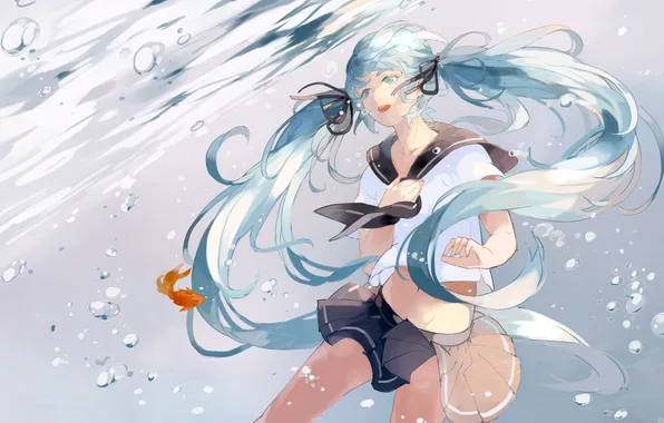 Girl, bubbles, fish, art, Vocaloid, Vocaloid, under water, nine