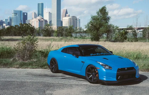 Road, the sky, grass, clouds, city, the city, nissan, front view