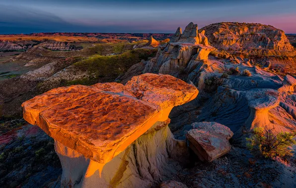 Sunset, stones, rocks, canyon, USA, Theodore Roosevelt National Park