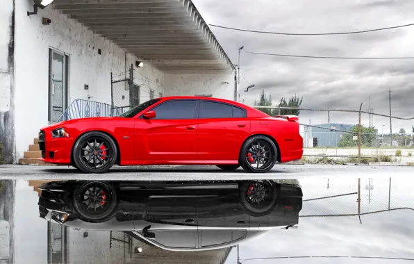 Picture the sky, clouds, reflection, puddle, red, Dodge, dodge, charger