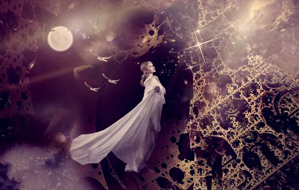 Girl, space, light, flight, birds, night, space, the dark background