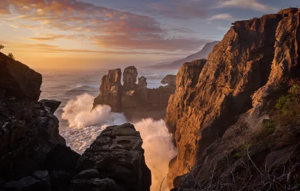 Sea, wave, the sky, clouds, light, mountains, squirt, nature