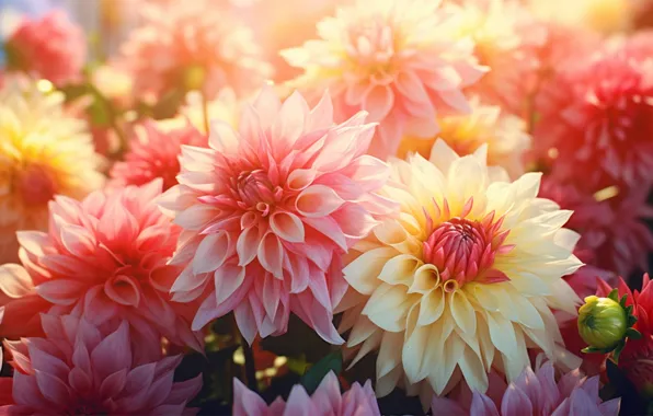 Macro, flowers, yellow, garden, pink, different, dahlias, AI art
