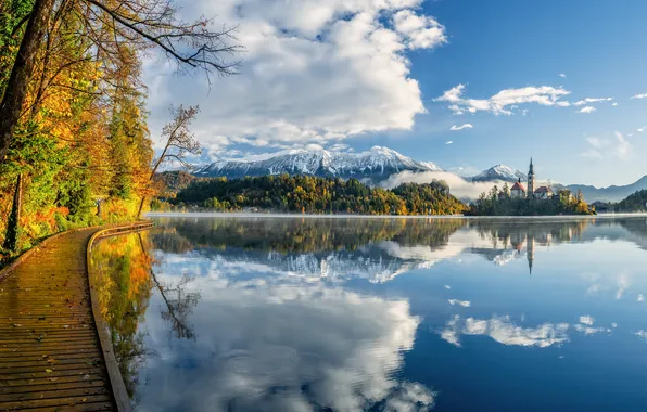 Picture autumn, trees, mountains, lake, reflection, island, Church, the bridge