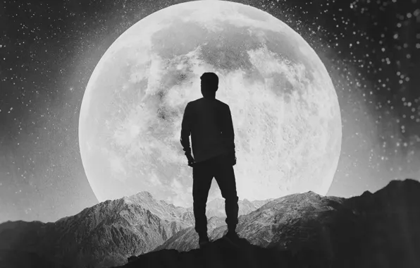 Picture the moon, black and white, moon, guy, alone