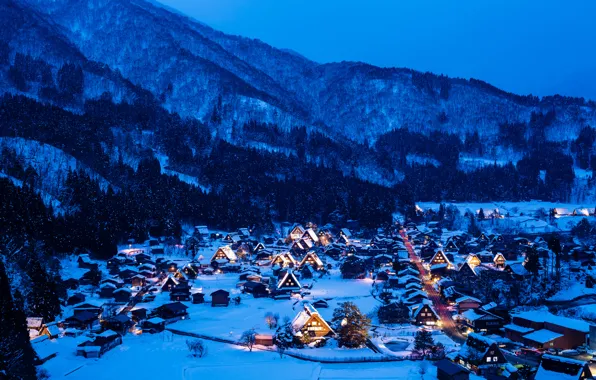 Winter, snow, mountains, night, lights, home, Japan, the island of Honshu