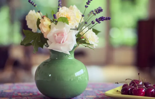 Flowers, cherry, table, bouquet, vase, still life, summer
