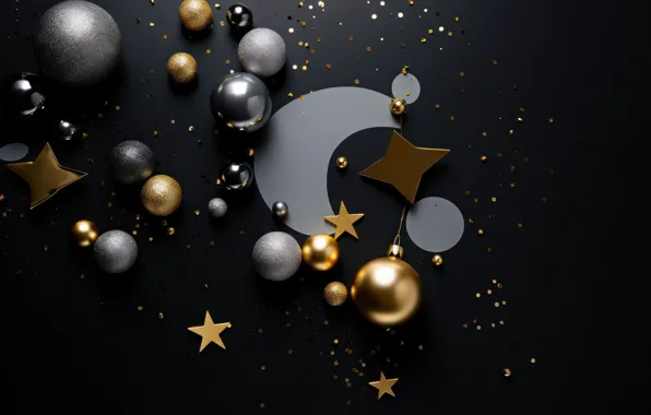 Stars, balls, night, the dark background, the moon, a month, Christmas, New year