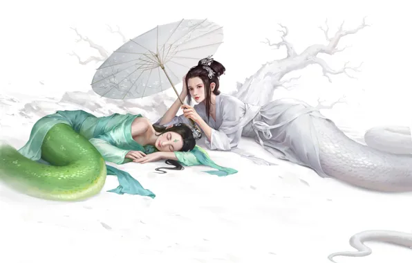 Girl, Girls, Snake, White, Asian, Girl, Umbrella, Dress