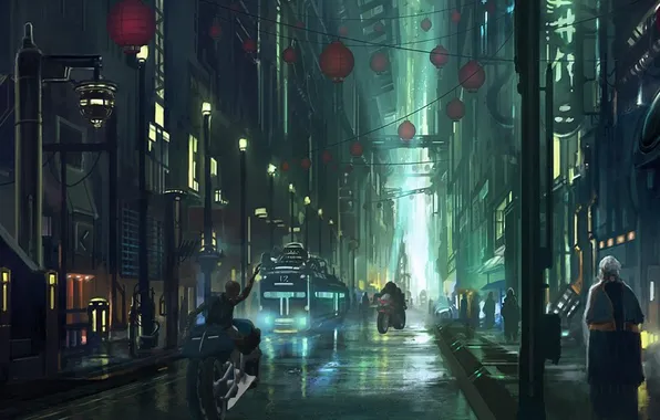 The city, people, transport, street, art, motorcycle, lanterns