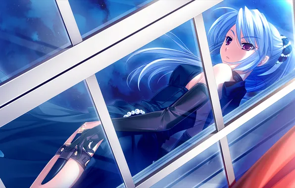 Picture look, night, Girl, dress, knife, white hair, glass door, red curtains