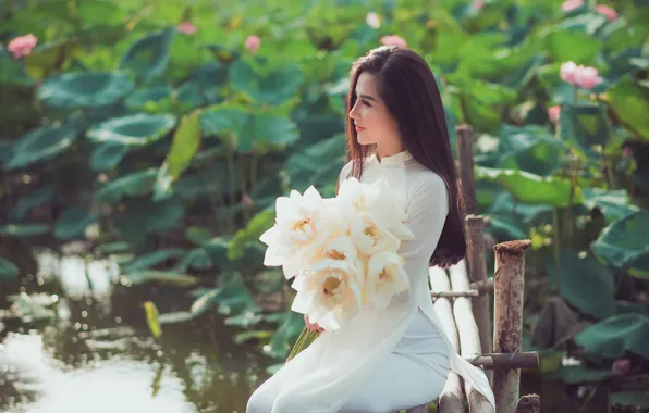 Girl, flowers, mood, Lotus, Asian