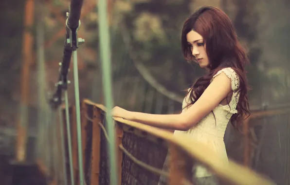 GIRL, LOOK, DRESS, BROWN hair, BRIDGE, ASIAN, SUNDRESS, ROPE