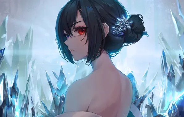 Ice, girl, snowflakes, heterochromia