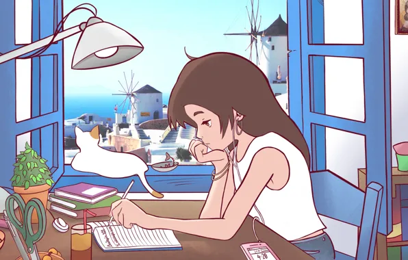 Cat, books, Greece, headphones, window, girl, school, lessons