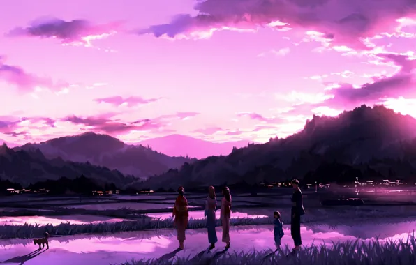 Sunset, people, dog, kimono, Japanese clothing