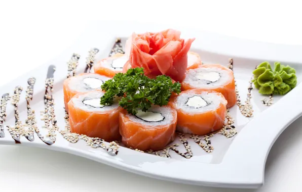 Fish, rolls, seafood, wasabi, ginger, serving