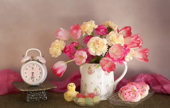 Flowers, bouquet, cookies, alarm clock, tulips, still life, marmalade, clove
