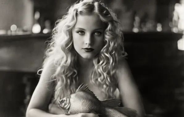 Look, girl, retro, portrait, fish, hands, makeup, blonde