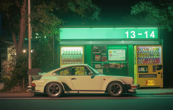 Night, neon, Porsche, Japan, Japan, white, night, neon