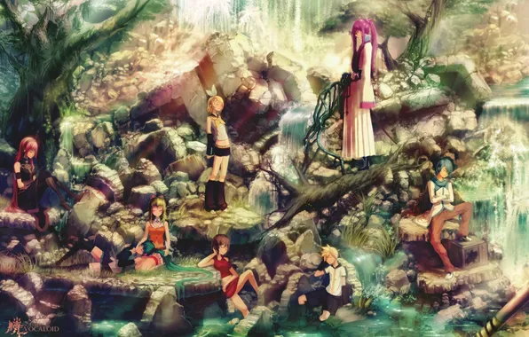 Picture water, trees, stones, rocks, art, vocaloid, hatsune miku, megurine luka