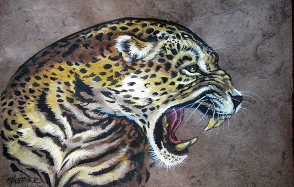 Picture cat, figure, teeth, art, mouth, leopard, painting