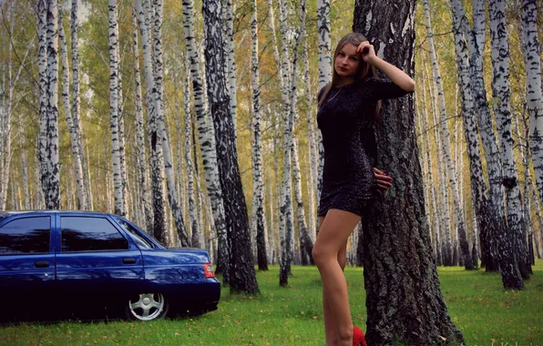 Picture auto, Girl, girl, legs, birch, woman, Lada, 2112