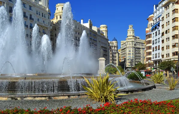 The sky, flowers, home, area, fountain, Spain, Valencia