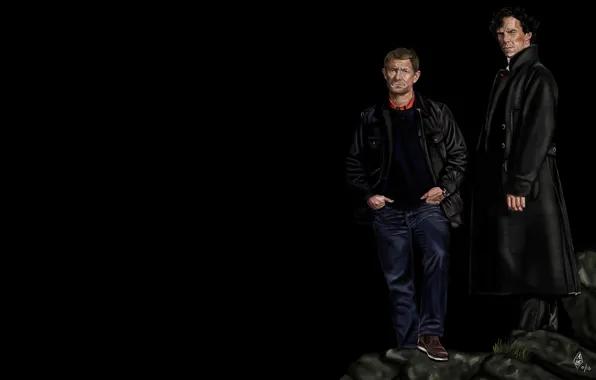 Art, two, friends, Sherlock Holmes, black background, Martin Freeman, Benedict Cumberbatch, Benedict Cumberbatch