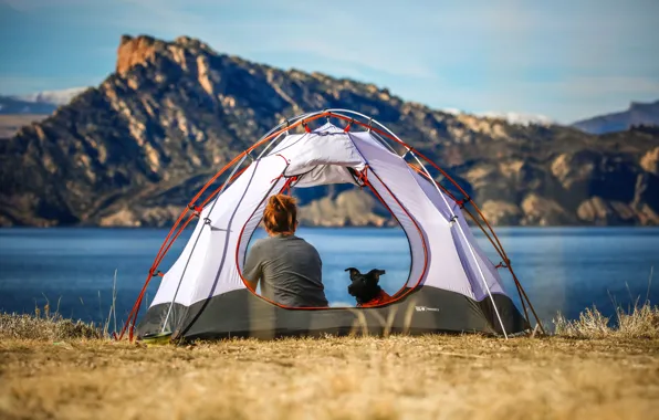 Girl, Mountains, Dog, Two, Travel, Travel, Pet, Pet
