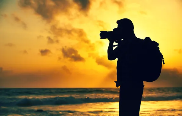 Sea, sunset, nature, background, people, the evening, camera, traveler