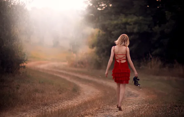 Road, field, girl, the way, in red, barefoot