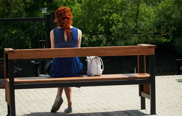 Picture Park, red, bench, back, girl, summer, bag, dress