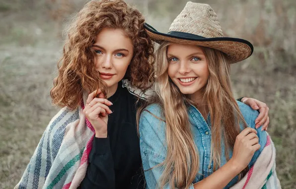 Picture look, smile, mood, hair, hat, plaid, two girls, curls