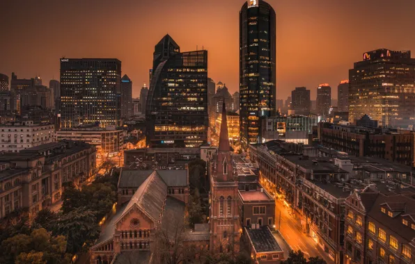 Road, sunset, night, the city, lights, building, home, skyscrapers