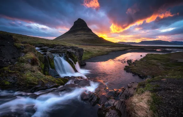 Mountains, river, waterfall, the volcano, Iceland