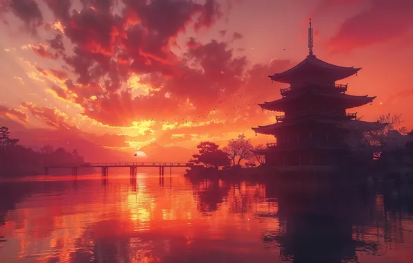 Sunset, Japan, japan, sunset, Feudal Japan, feudal japan