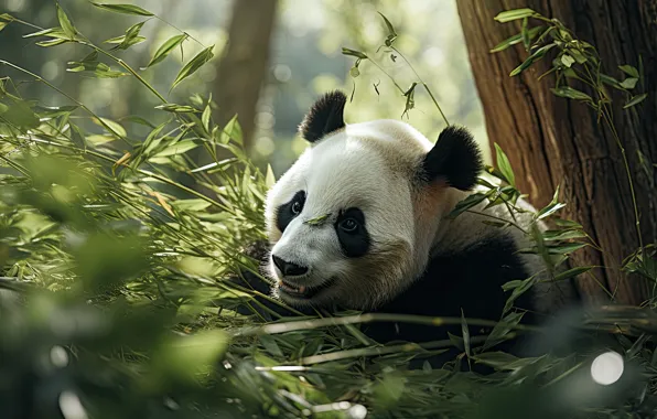 Face, leaves, branches, thickets, bamboo, bear, Panda, AI art