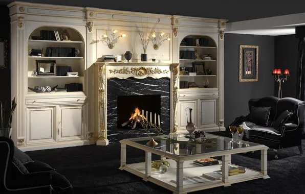 Picture white, design, gold, black, furniture, interior, chair, fireplace