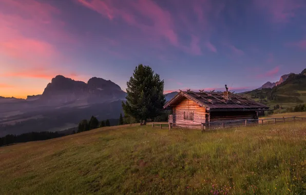 Field, the sky, trees, mountains, house, Italy
