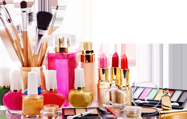 Picture perfume, lipstick, shadows, brush, cosmetics, lacquer