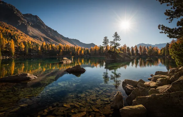 Autumn, forest, trees, mountains, lake, reflection, stones, Switzerland