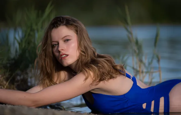 Swimsuit, look, water, girl, face, pose, lake, hair