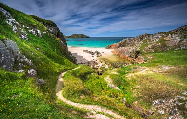 Sea, clouds, mountains, blue, stones, rocks, path