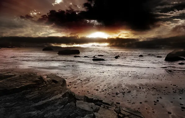 Picture sand, sea, sunrise, rocks