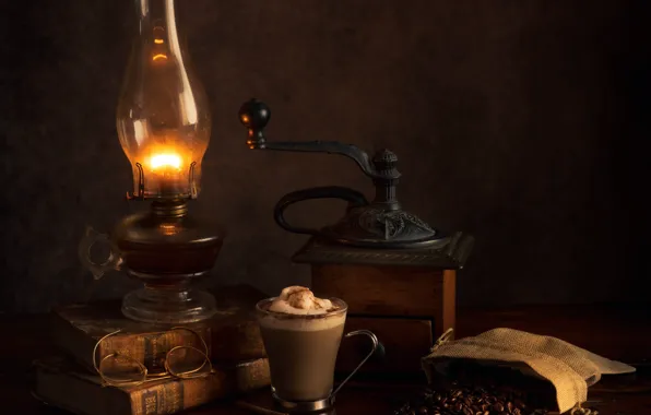 Light, the dark background, table, books, lamp, coffee, glasses, Cup