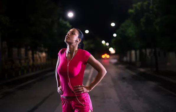 Picture road, girl, trees, night, lights, pose, shorts, makeup