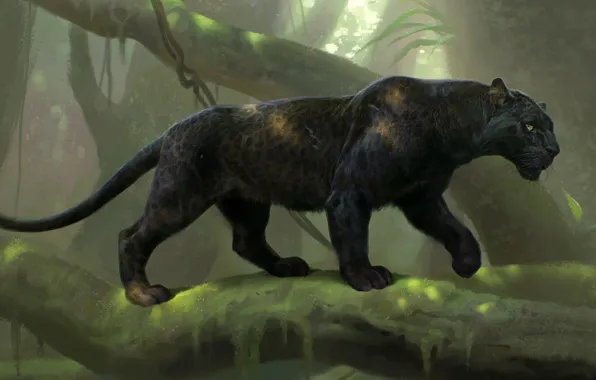 Picture digital art, Black Panther, animal themes, panther walks on tree branch